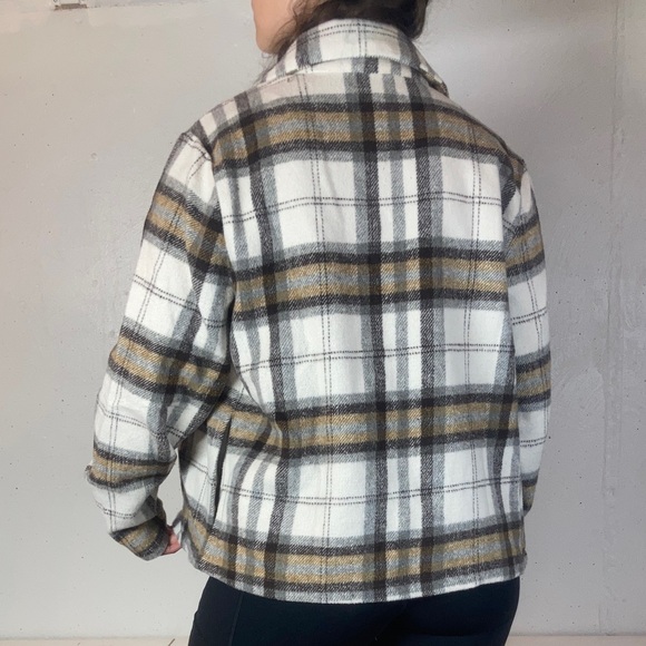 Neutral Tan + White Plaid Brushed Wool Style Cropped Shacket - Picture 9 of 10